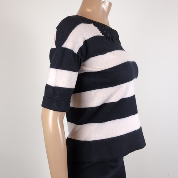 Boden Striped Wool Sweater Short Sleeve Beaded Embellished Cropped Black Ivory - Picture 7 of 9